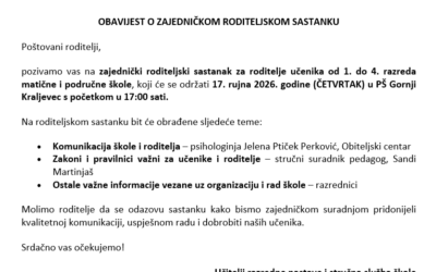 Zajednički roditeljski sastanak za roditelje učenika od 1. do 4. razreda matične i područne škole